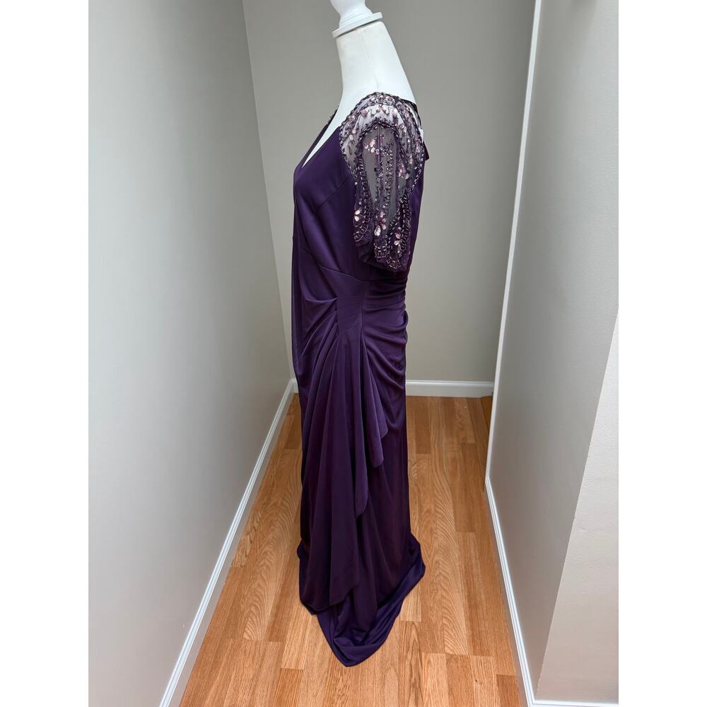 Xscape Evening Dress Plum Lace Draped Formal Beaded Flutter Sleeves Size 16 NWT - Picture 6 of 10